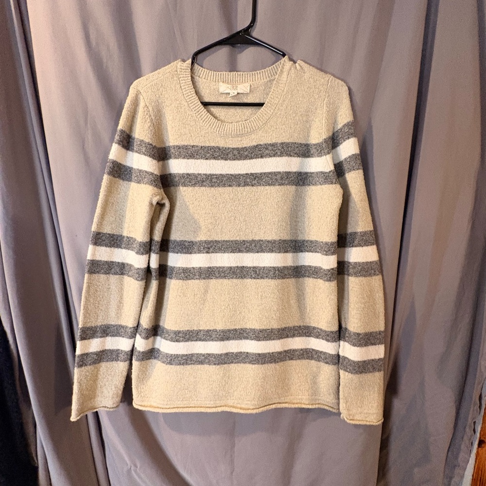 PINQUE Striped Knit Pullover Sweater Gray Ivory Crew Neck Long Sleeve Women's M